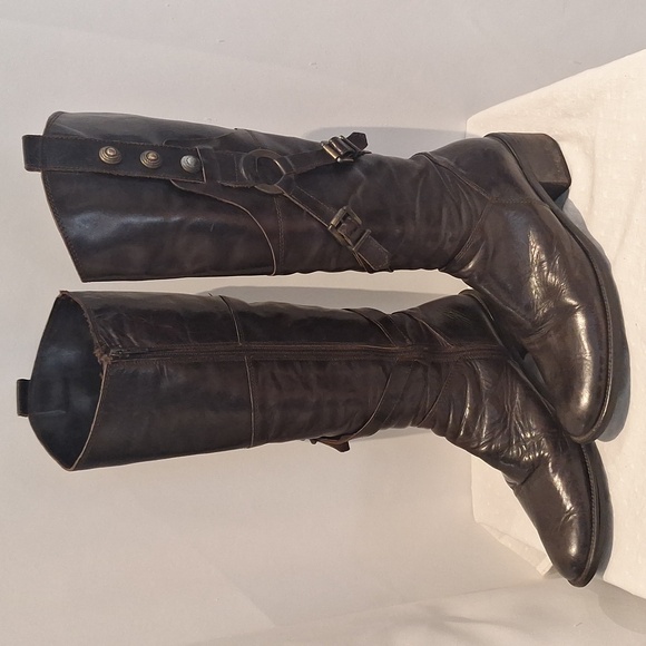 Vintage Dark Brown Leather Knee-High Boots With Buckle And Straps Detail - Picture 1 of 14